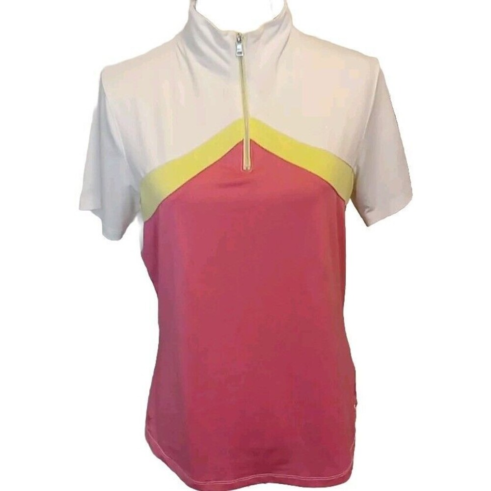 Kate Lord 1/4 Zip Shirt Polo Womens M‎ Eagle Ridge Golf Club Pink White Yellow